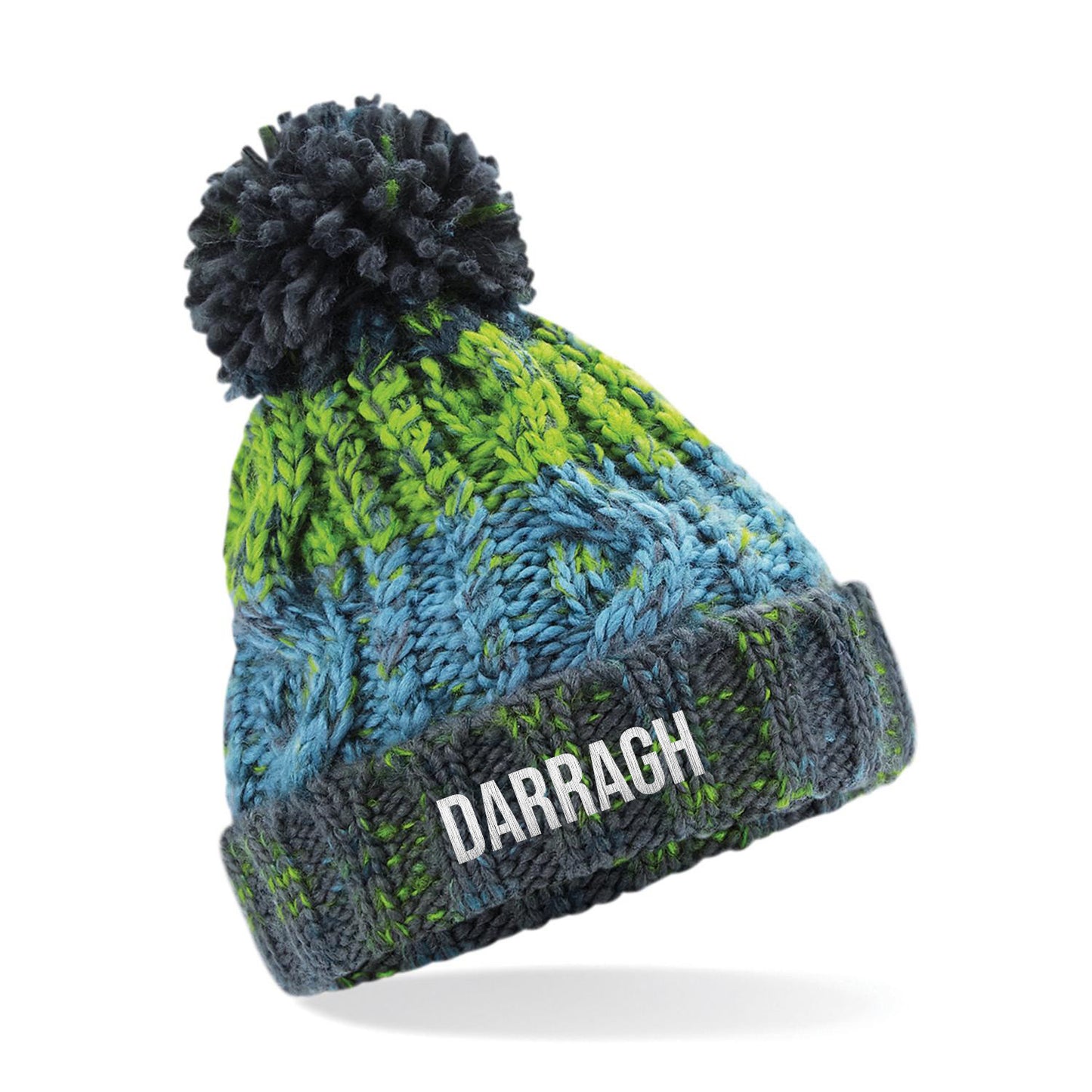Kids Blue and Green Pom Pom Beanie Personalised