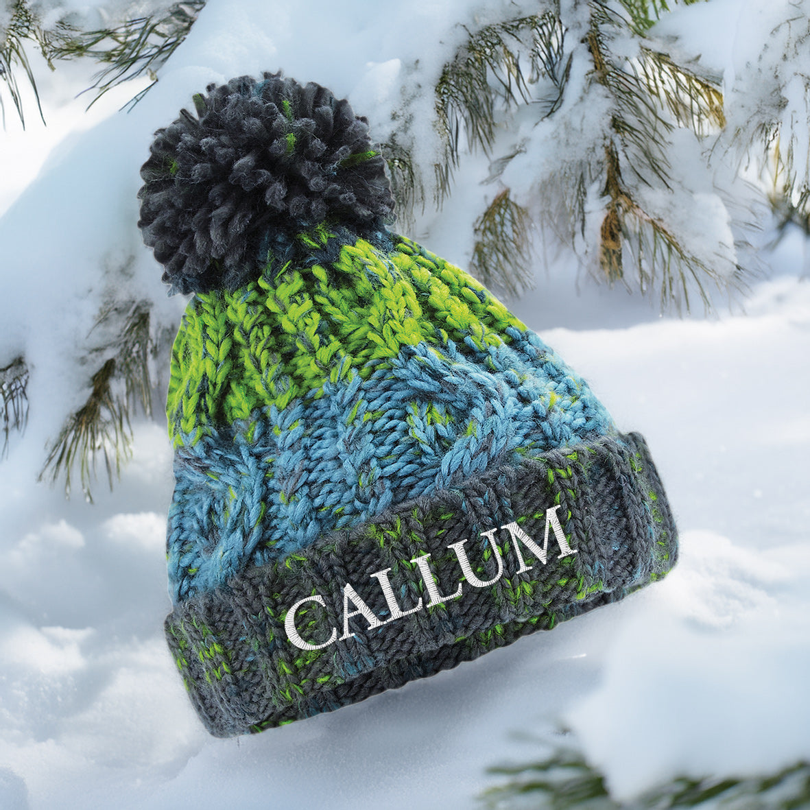 Kids Blue and Green Pom Pom Beanie Personalised