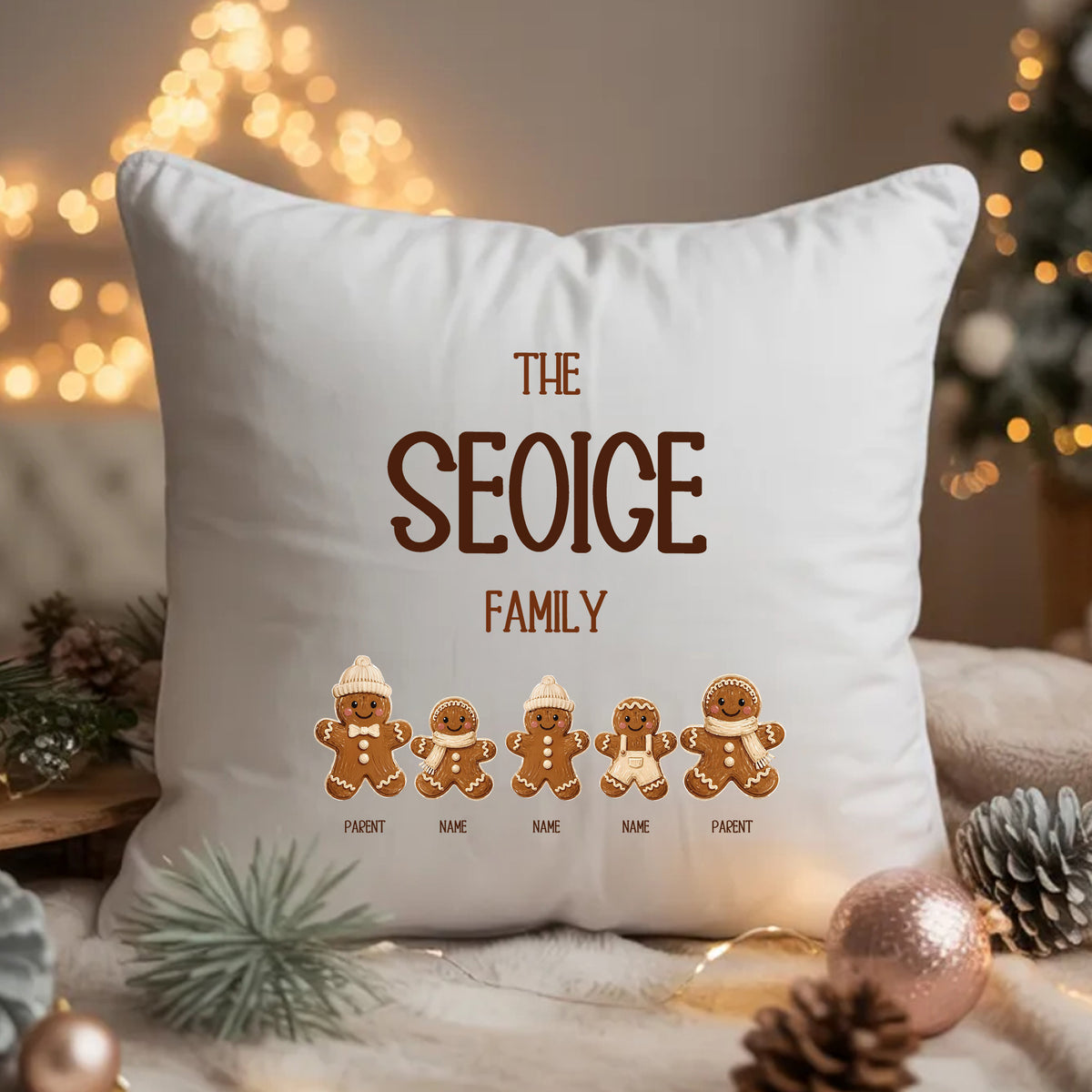 Personalised Gingerbread Family Christmas Cushion – 5 People