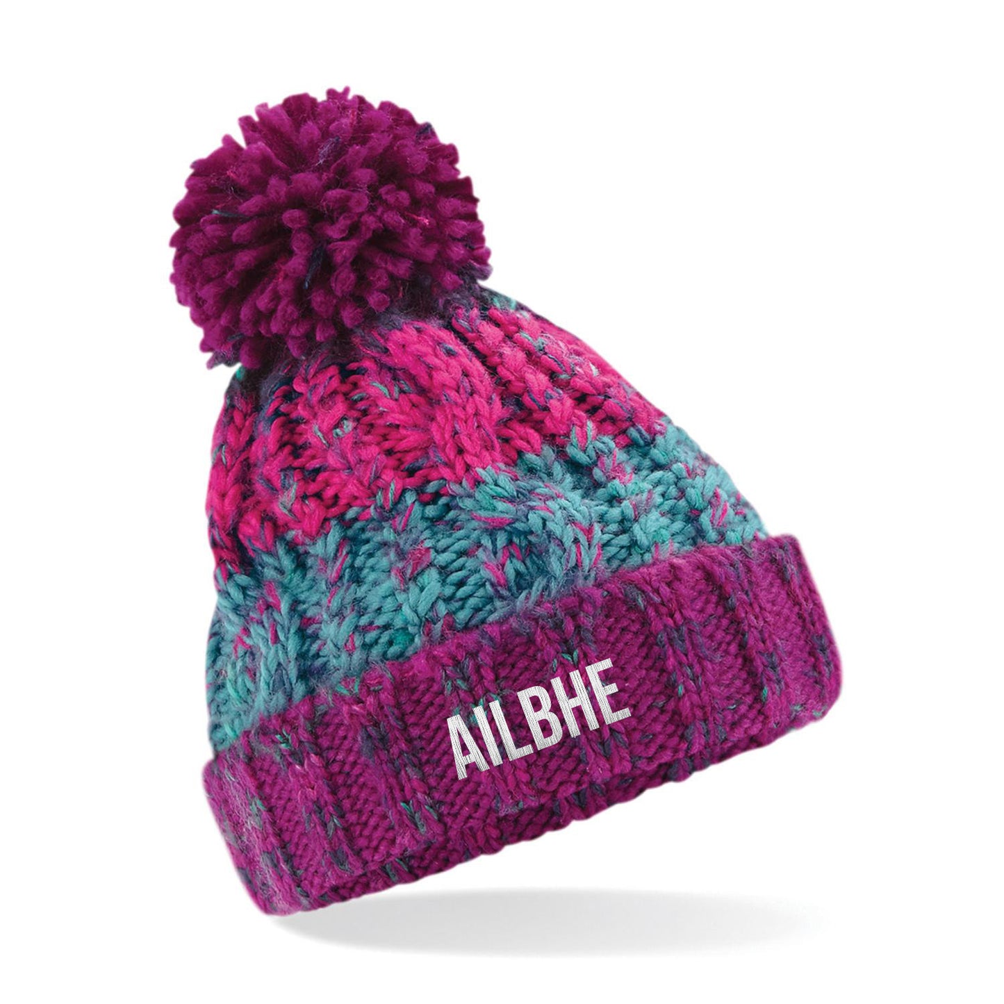 Kids Pink and Blue Pom Pom Beanie Personalised
