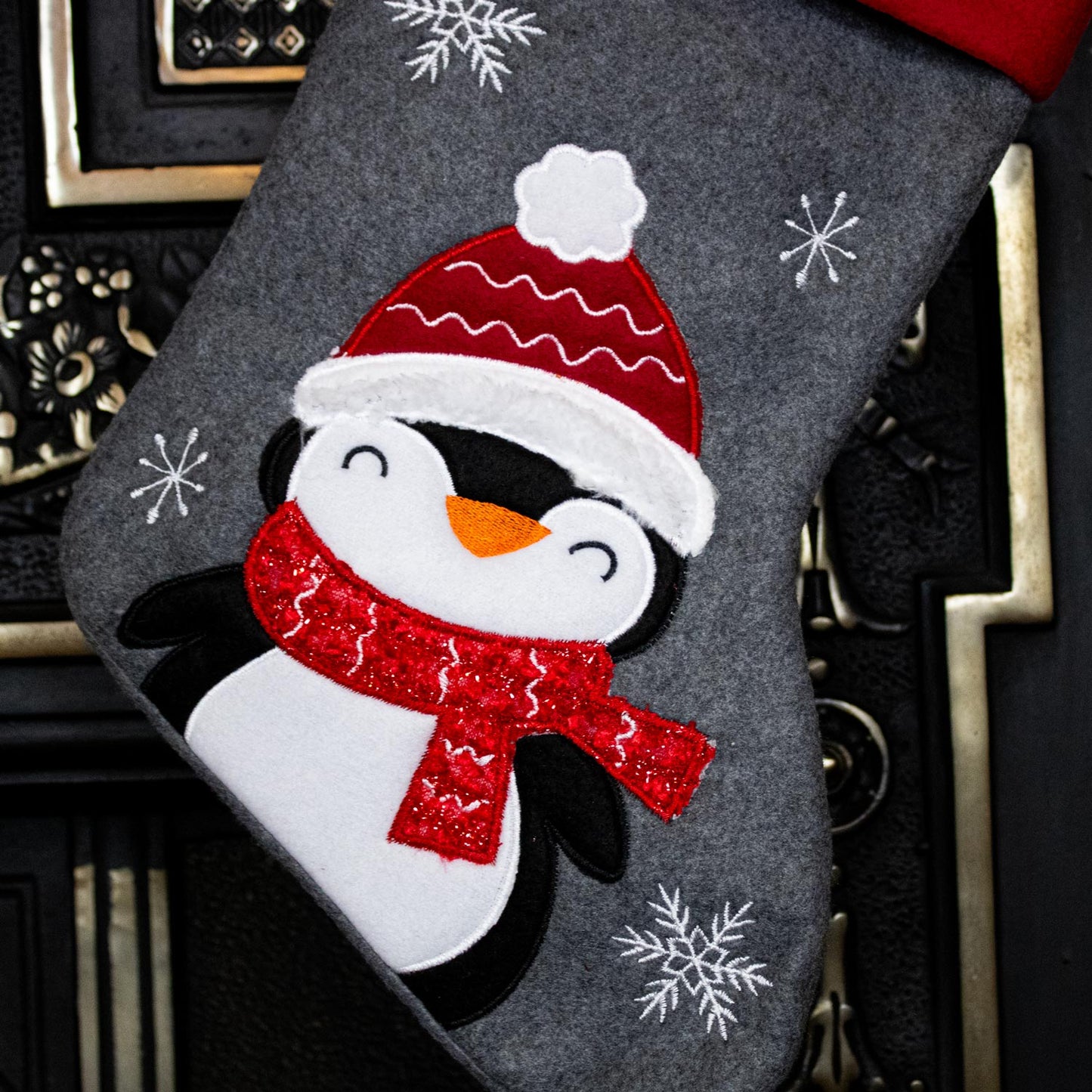 Grey and Red Penguin Christmas Stocking