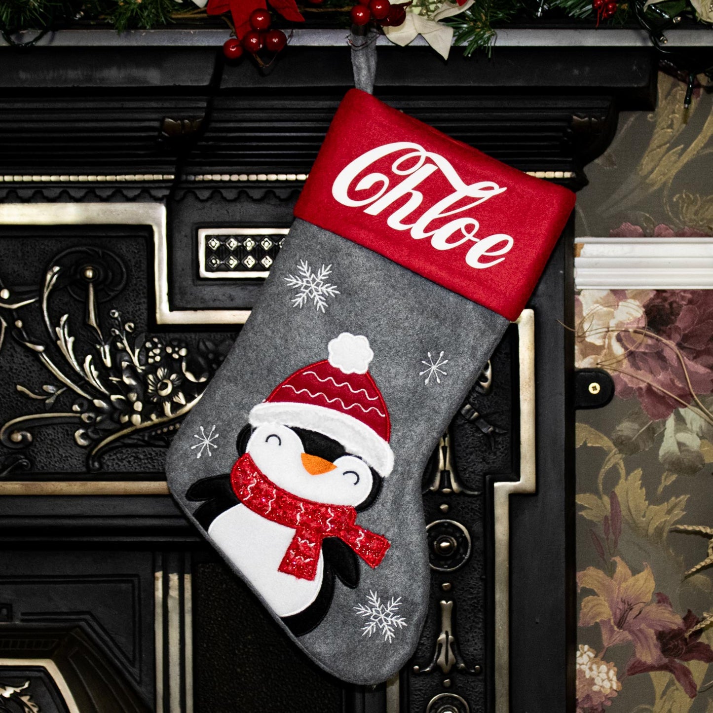 Grey and Red Penguin Christmas Stocking