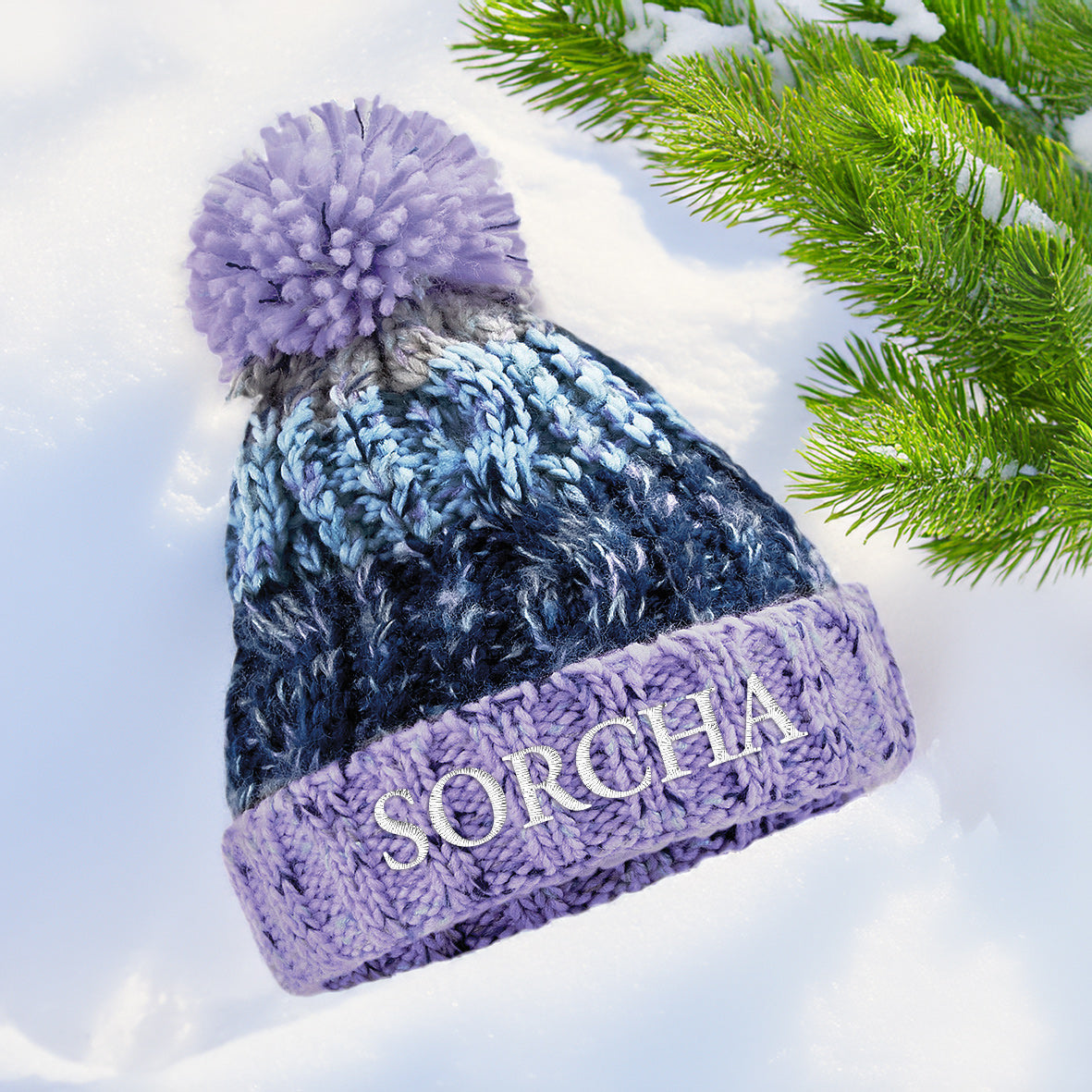 Kids personalised lavender and blue pom pom beanie with embroidered name – custom winter hat by Christmas Stockings Ireland