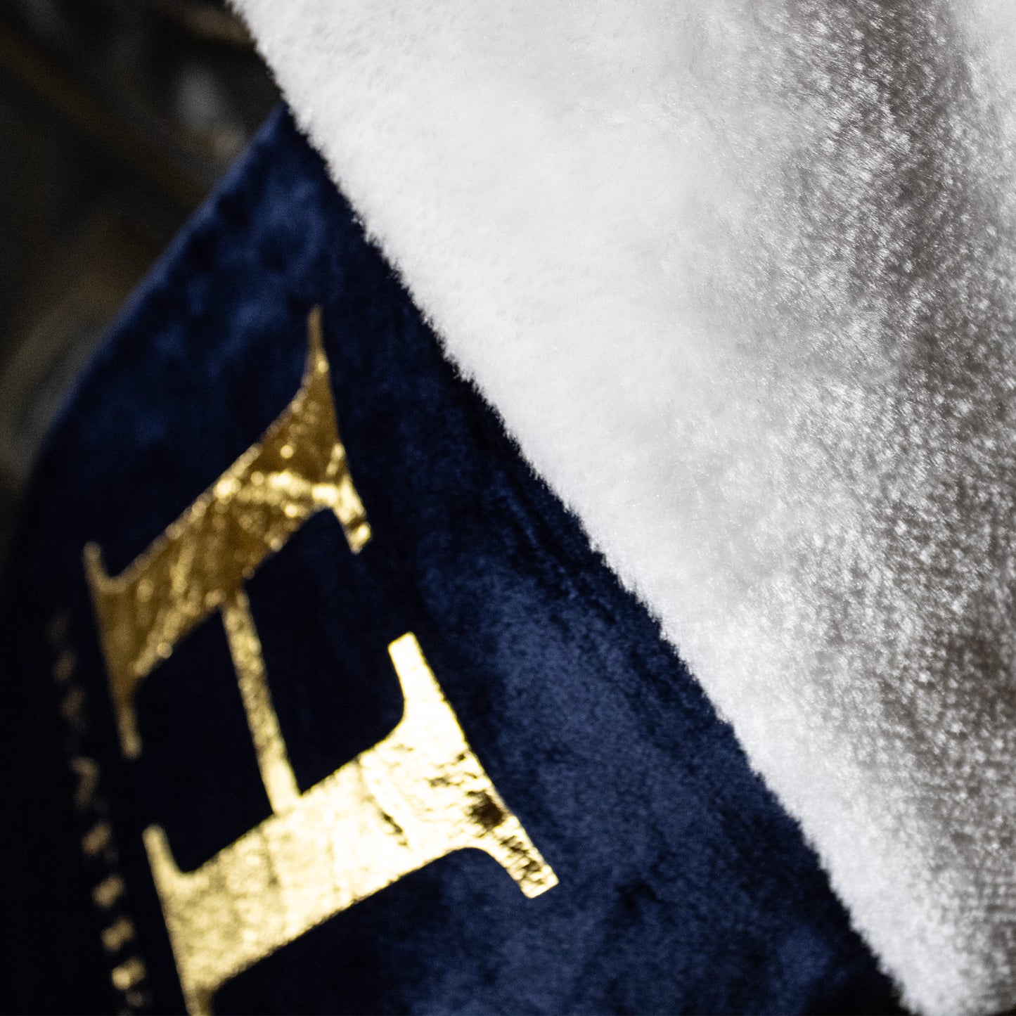 Close-up of a blue fabric with a gold emblem and white fur trim.