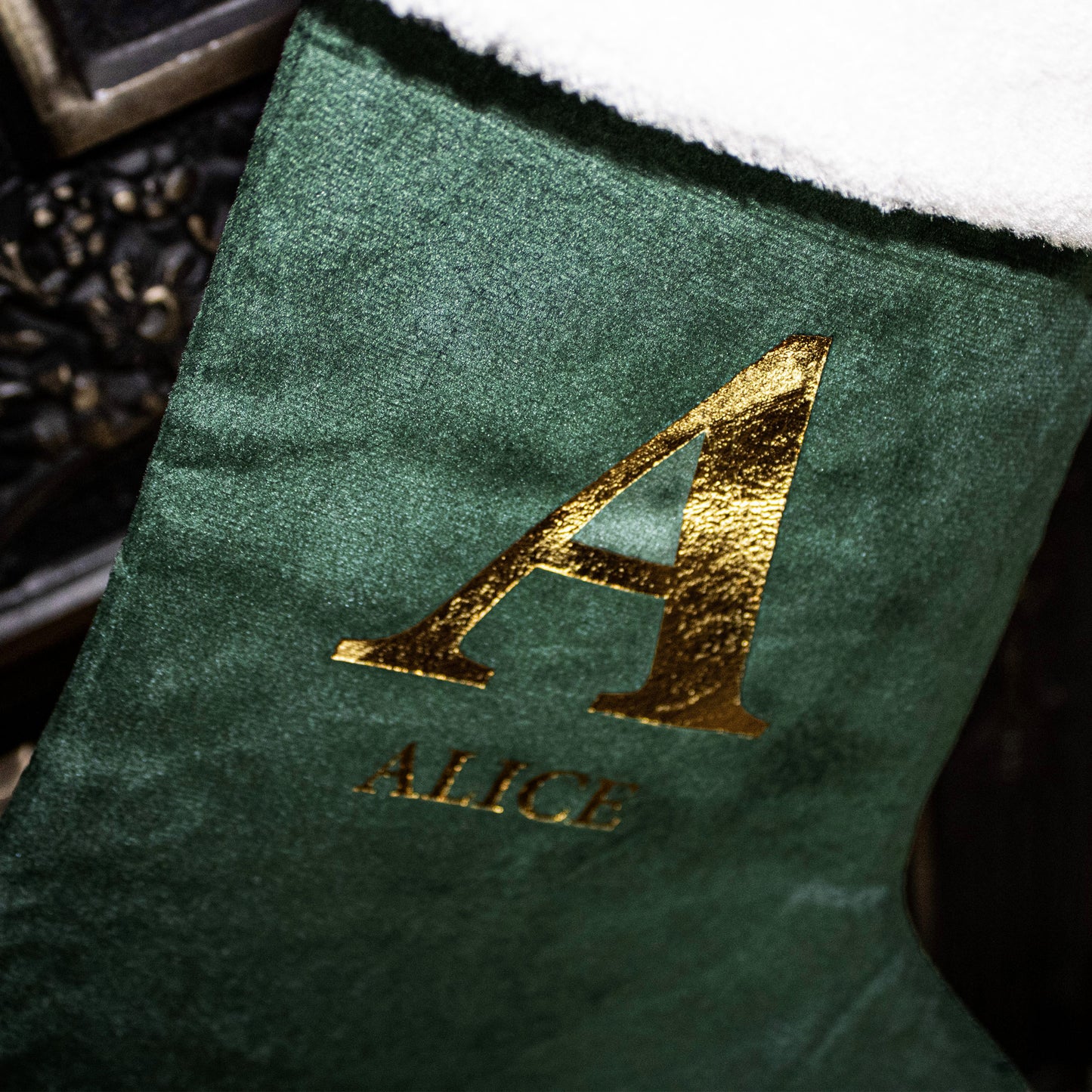 Green velvet Christmas Stocking with gold letter 'A' and name 'ALICE'