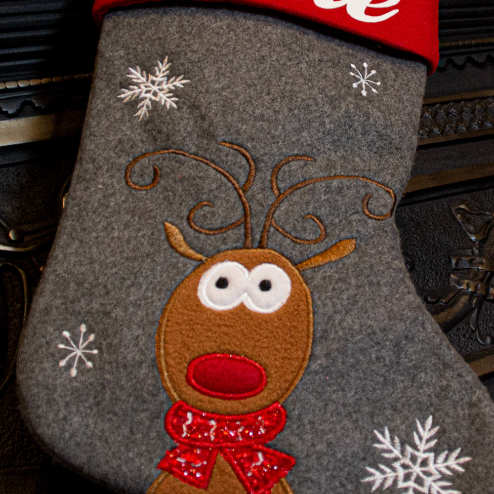 Close up of Rudolph on Dark Grey Christmas Stocking