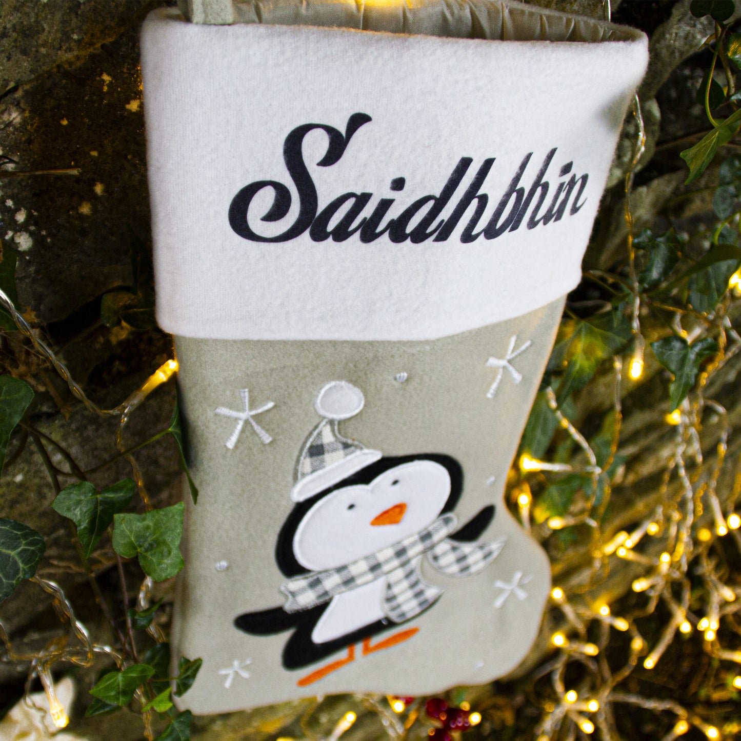 Personalised Grey Penguin Christmas Stocking