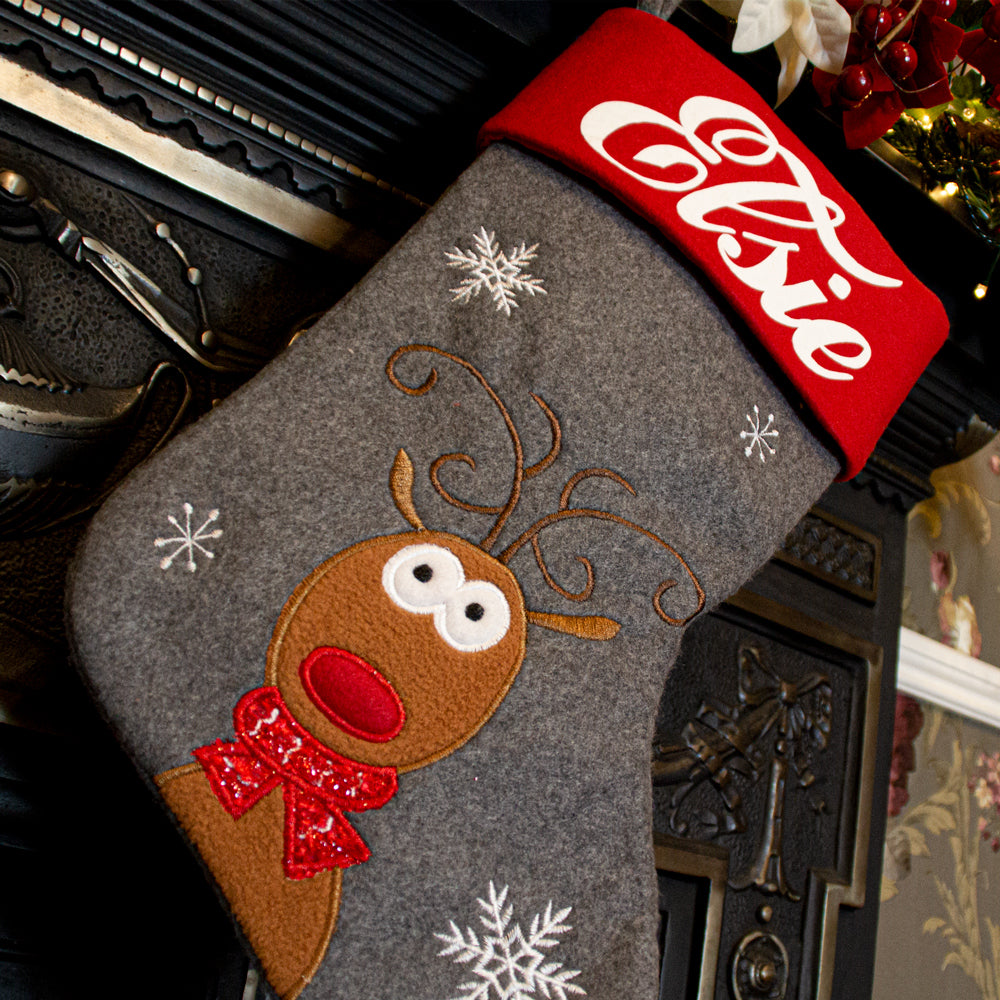Personalised Rudolph on Dark Grey Christmas Stocking