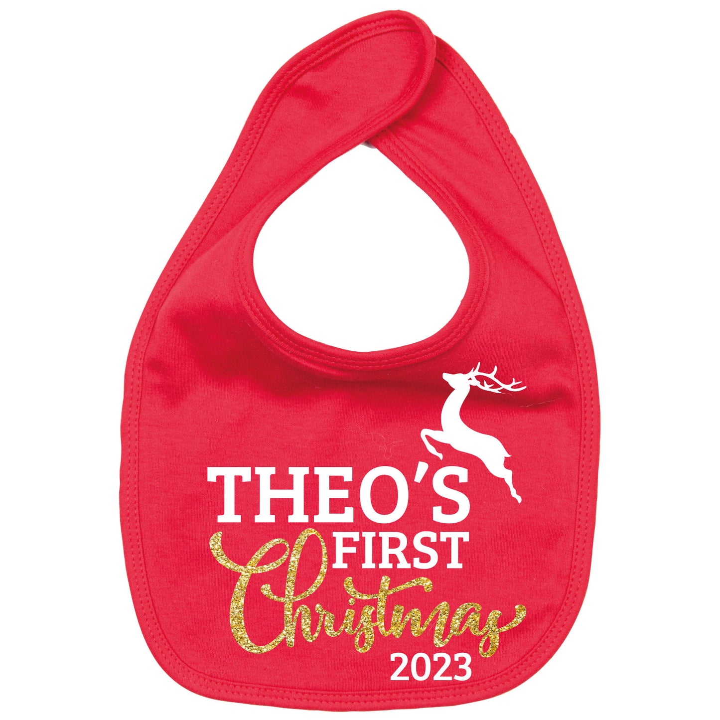 Baby's First Christmas Bib with gold glitter design
