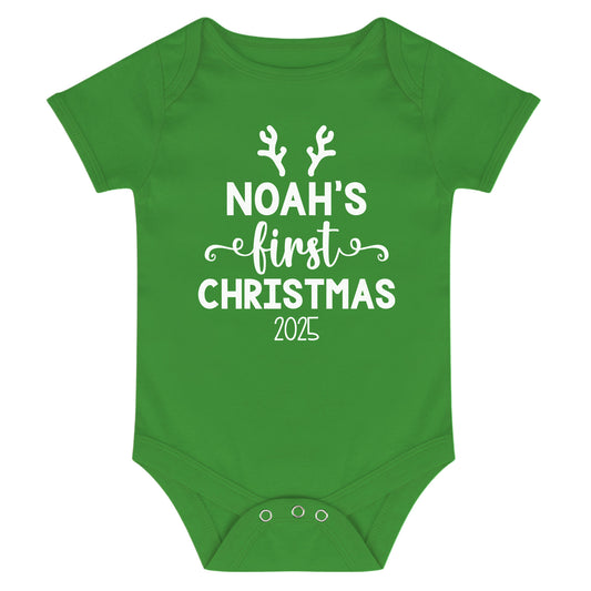 Personalised Babies First Christmas Vest Green