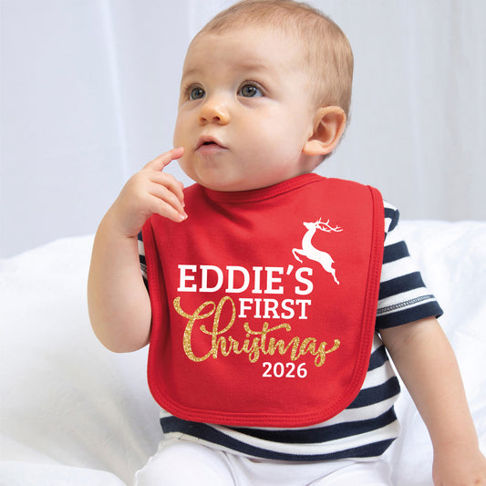 Baby's First Christmas Bib with gold glitter design