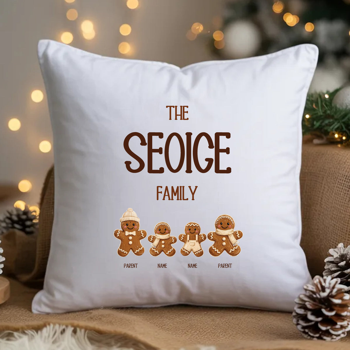 Personalised Gingerbread Family Christmas Cushion – 4 People