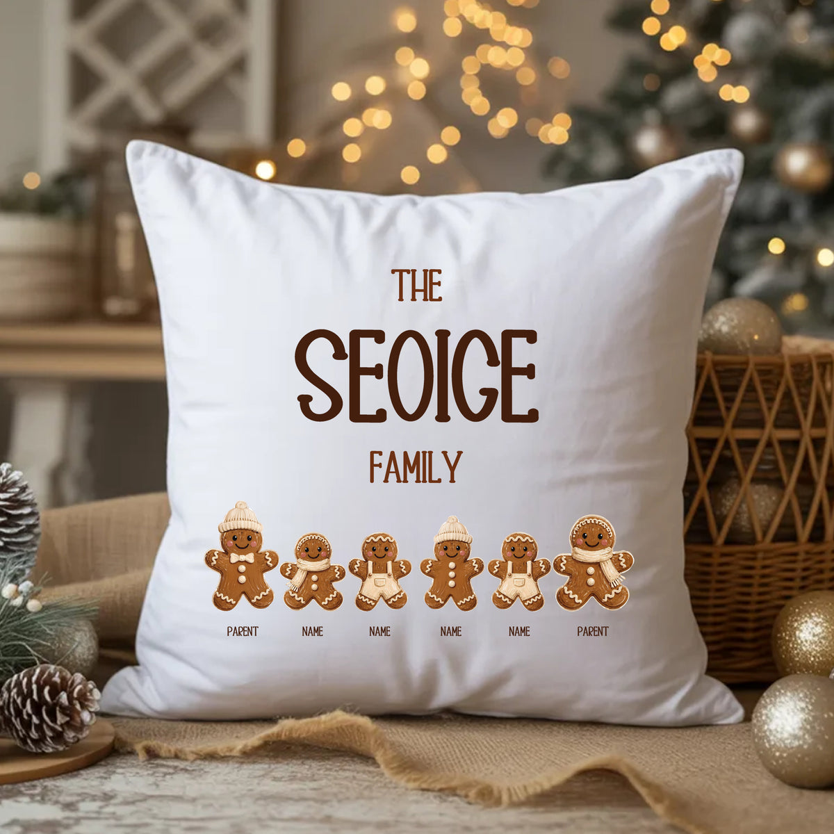 Personalised Gingerbread Family Christmas Cushion – 6 People