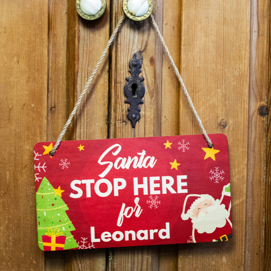 Wooden Rectangle Santa Stop Here Sign