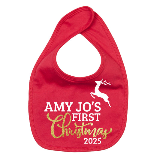 Baby's First Christmas Bib with gold glitter design