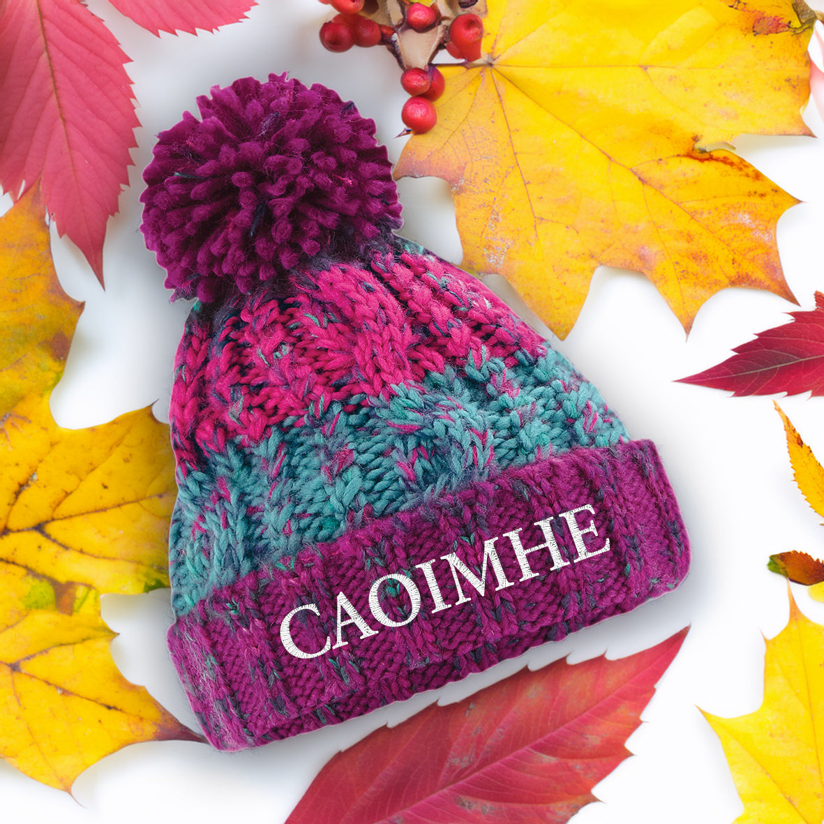 Kids Pink and Blue Pom Pom Beanie Personalised