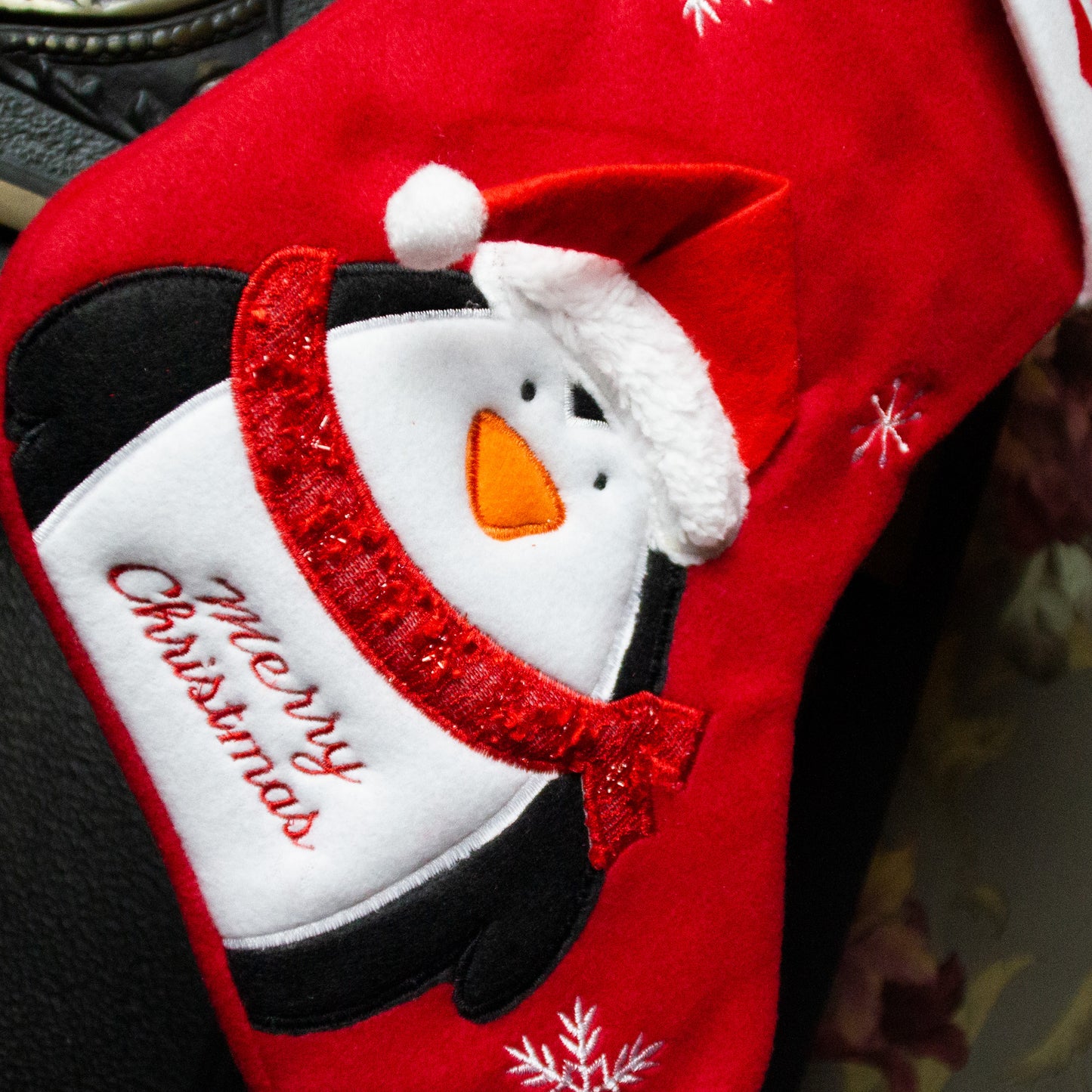 Close up Penguin Merry Christmas Stocking