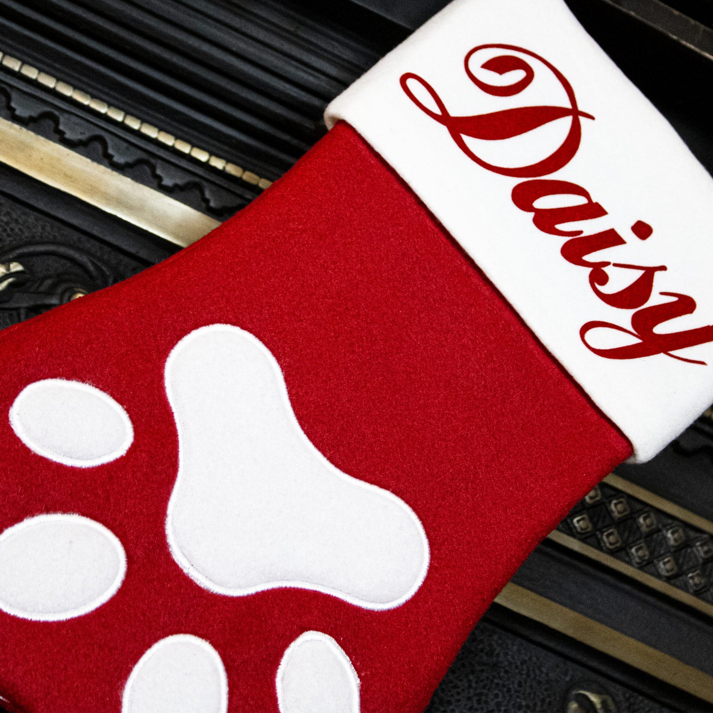 Close up of Paw Shaped Christmas Stocking