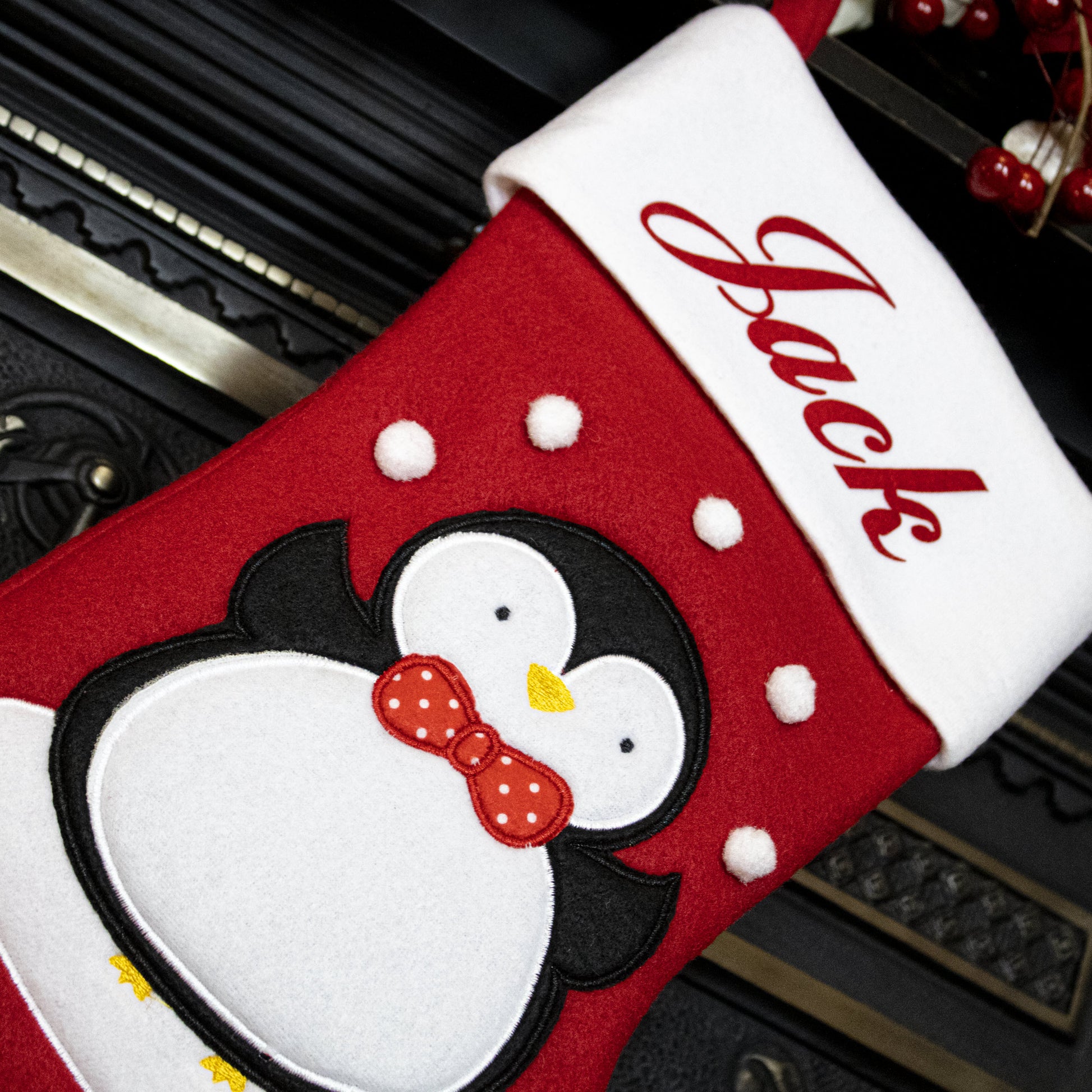 Close up of Penguin Design on Christmas Stocking