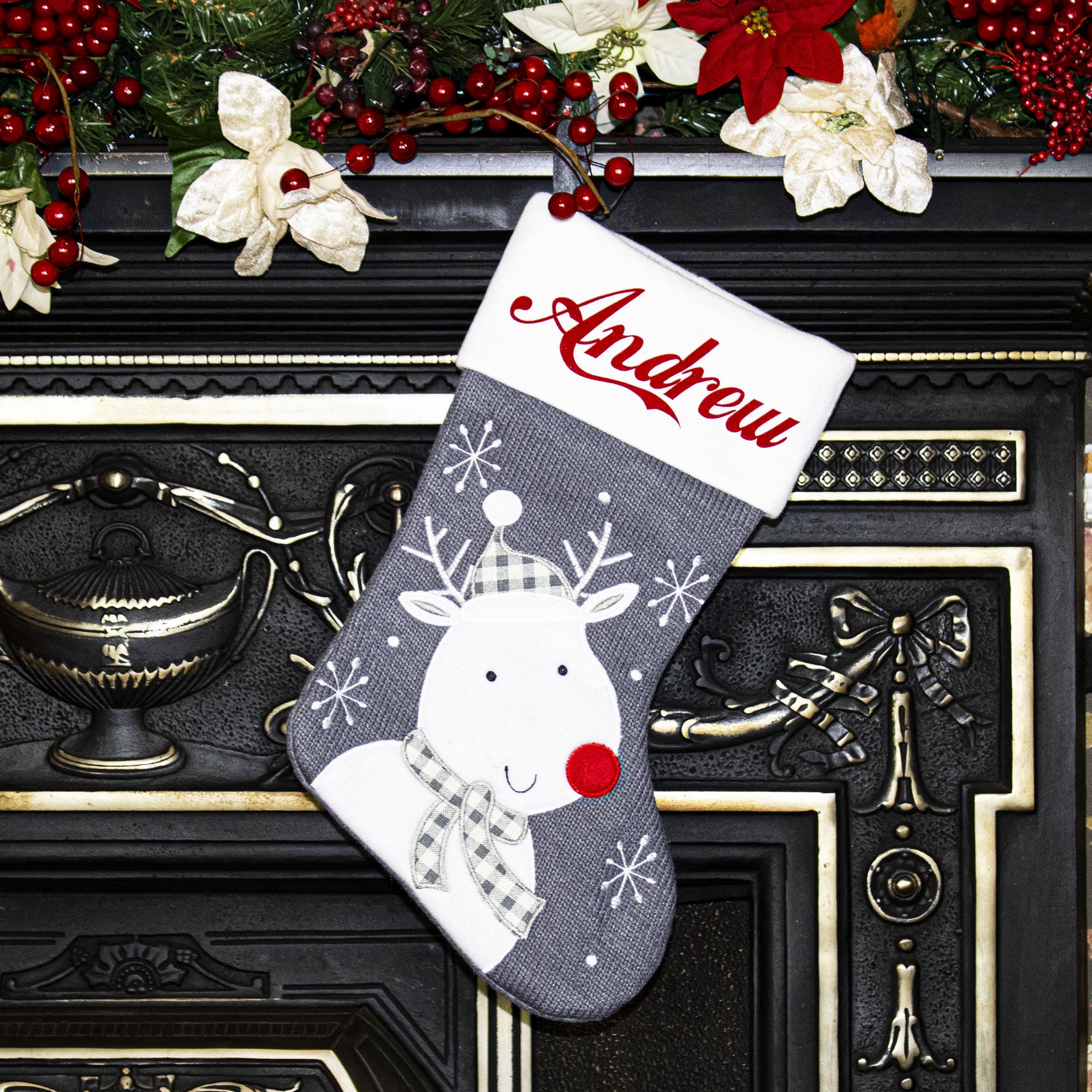 Grey Knitted Rudolph Stocking | Personalised Christmas Stocking ...