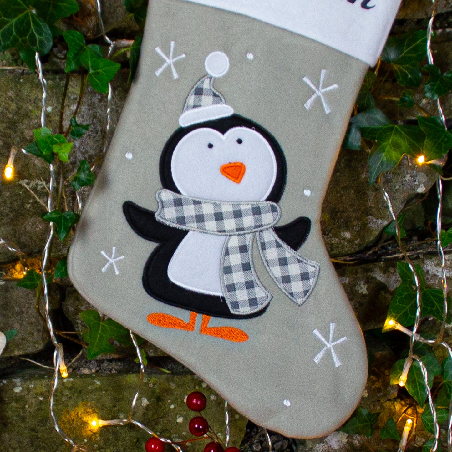 Grey Penguin Christmas Stocking