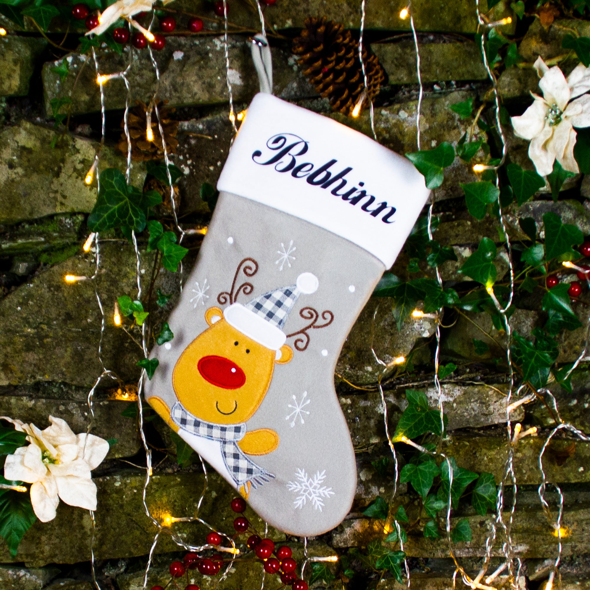 Warm Grey Rudolph Stocking | Personalised Christmas Stocking ...