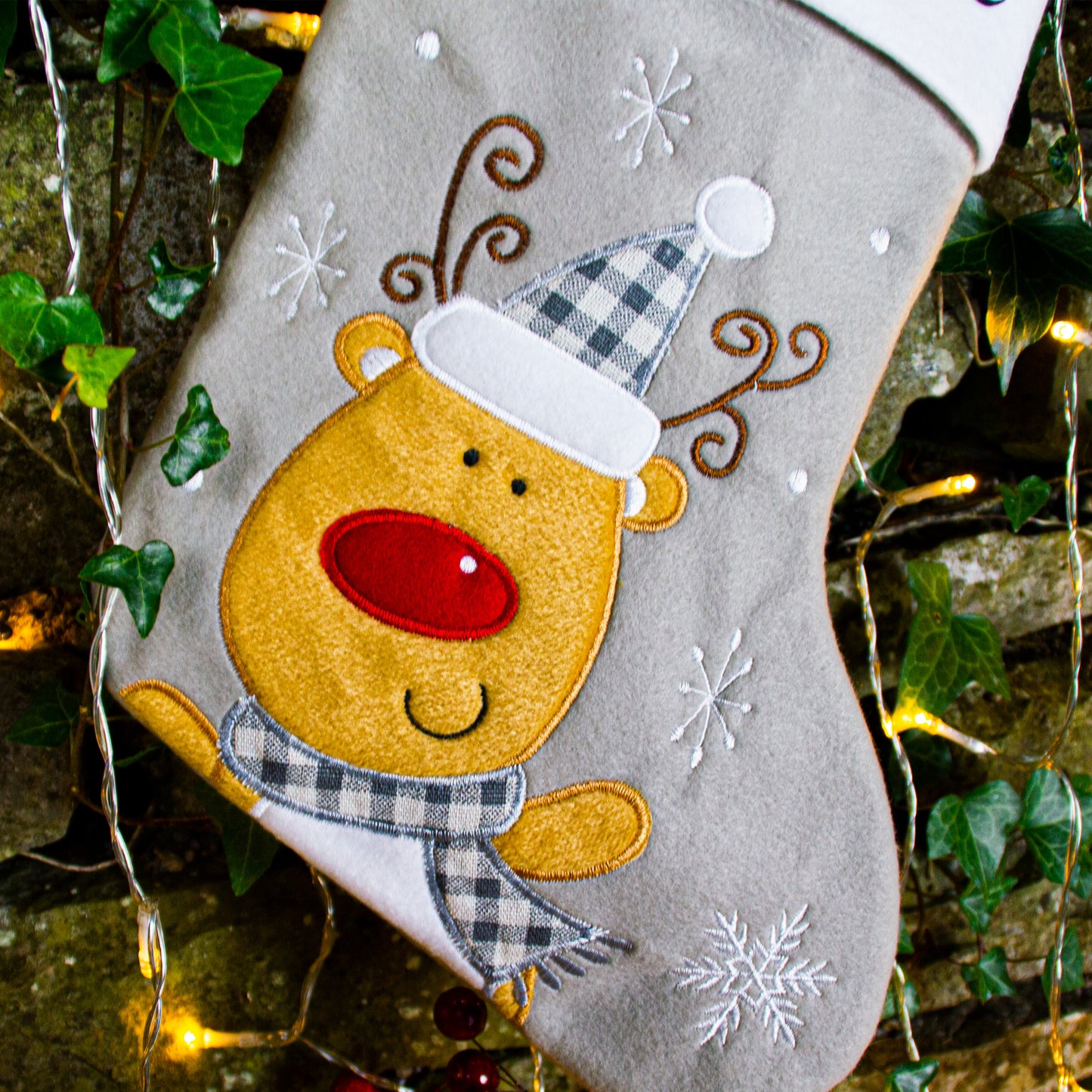 Grey Rudolph Christmas Stocking