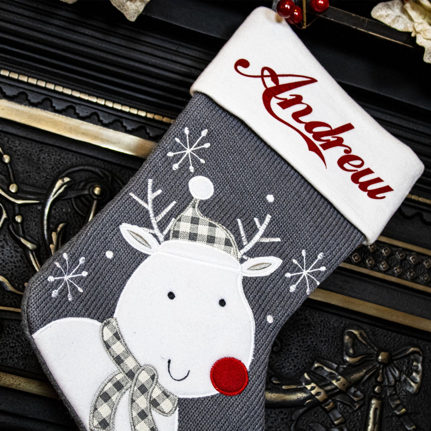 Personalised Grey Knitted Rudolph Christmas Stocking