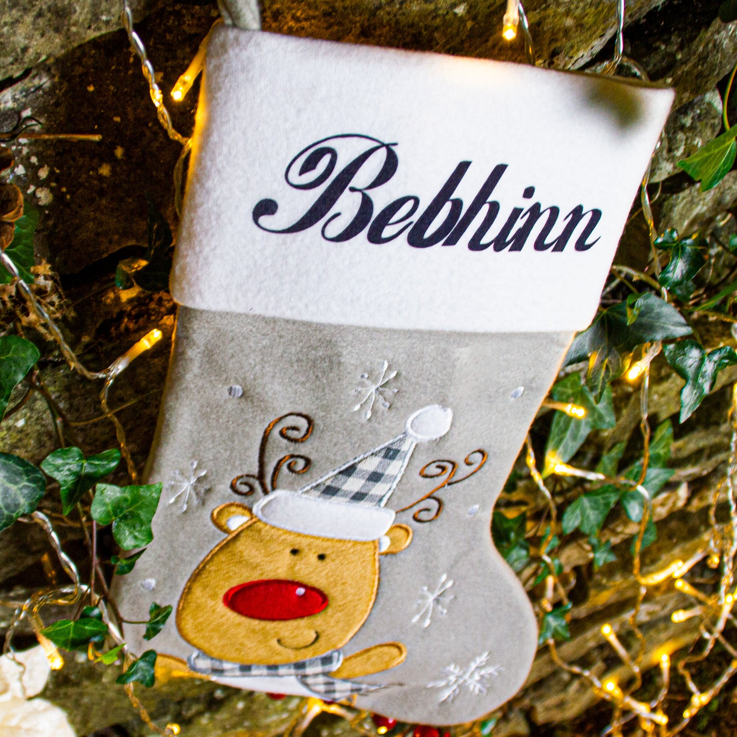Personalised Grey Rudolph Christmas Stocking