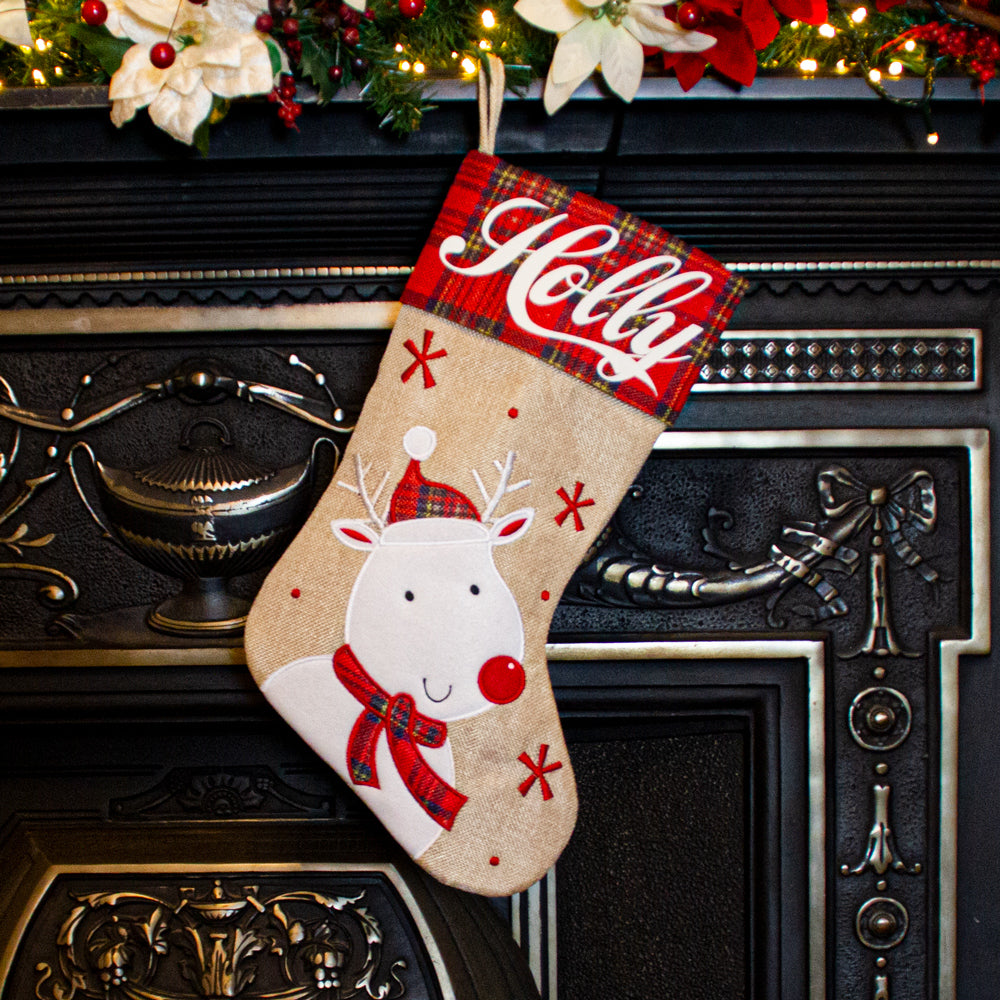Hessian and Tartan print Vintage Rudolph Stocking | Personalised ...