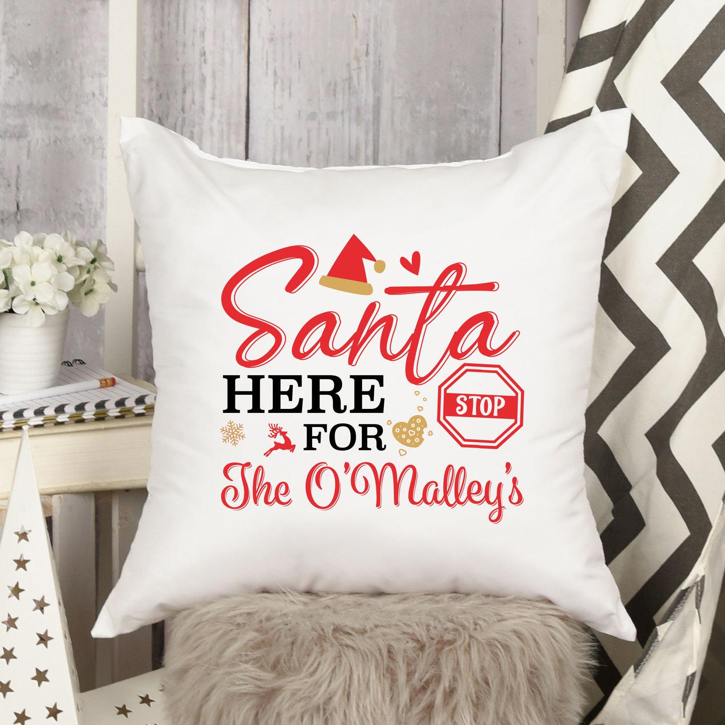 Personalised Santa Stop Here Christmas Cuhsion 