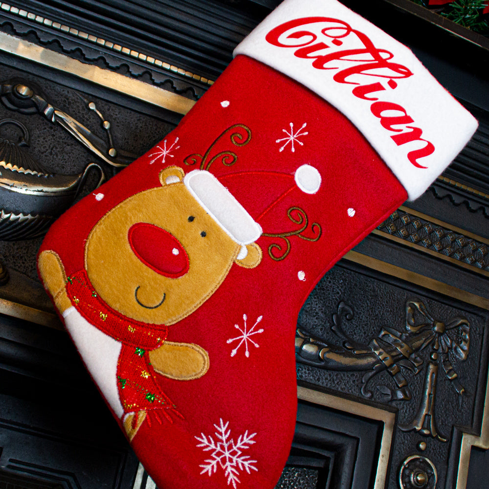 Red and White Rudolph Christmas Stocking Hanging